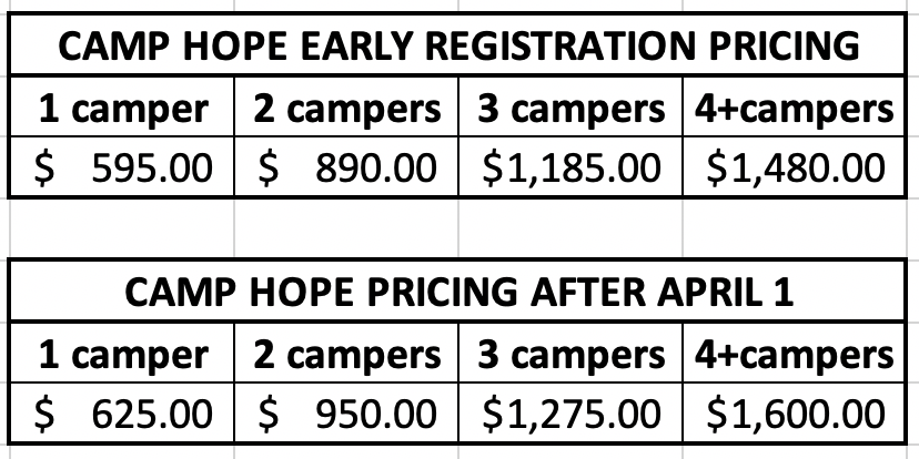 Camp Hope Pricing 2022
